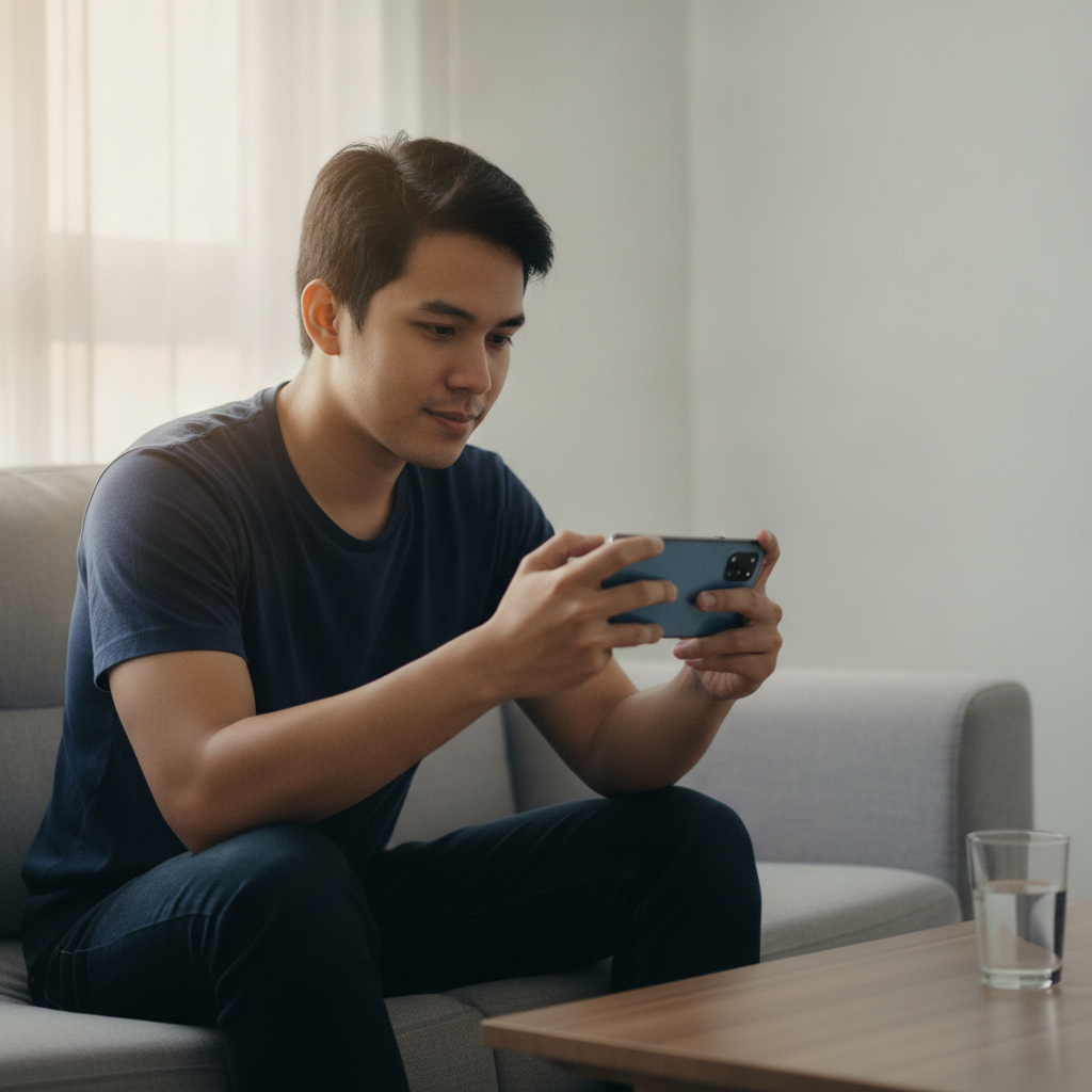 Filipino player holding smartphone ready to start online casino gaming at home